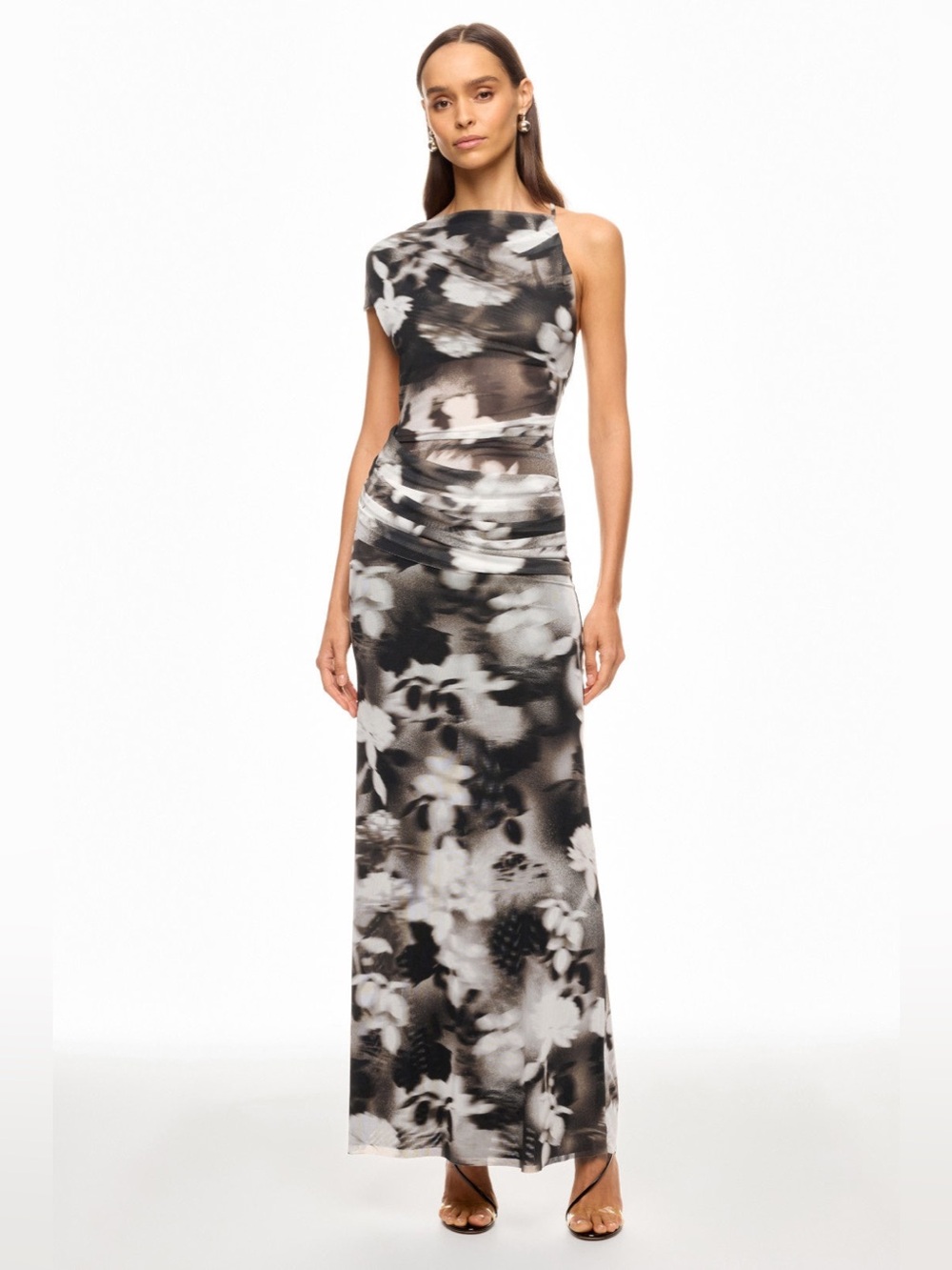 Black and White Floral One-Shoulder Maxi Dress